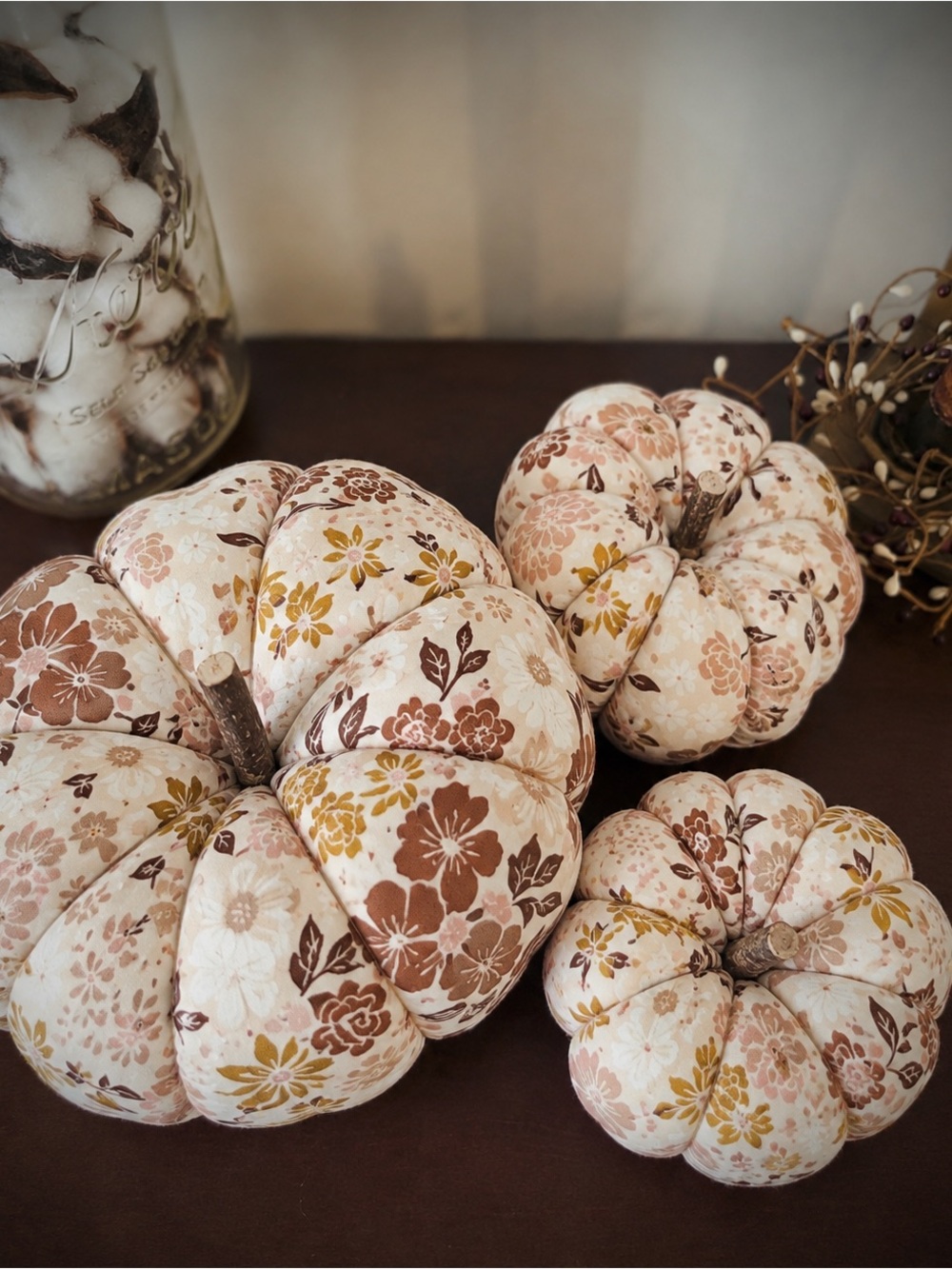 Set of 3, 7”,5” and 4” Handmade Earth Tone Floral Fabric Pumpkins, Brand New